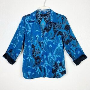 Separates Blue & Black Patterned Cuffed Sleeve Button Up Blouse